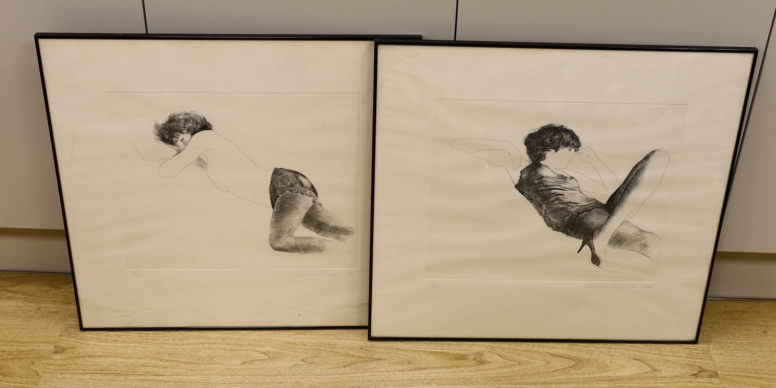 Dorian George, two etchings, Reclining woman, signed in pencil and dated 1986, 37 and 39/125, overall 56 x 60cm